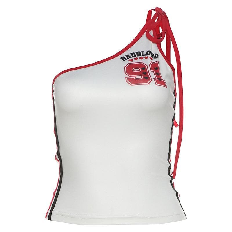Edgy "BADBLOOD 91" One-Shoulder Graphic Top - Y2K Streetwear Chic for Fall