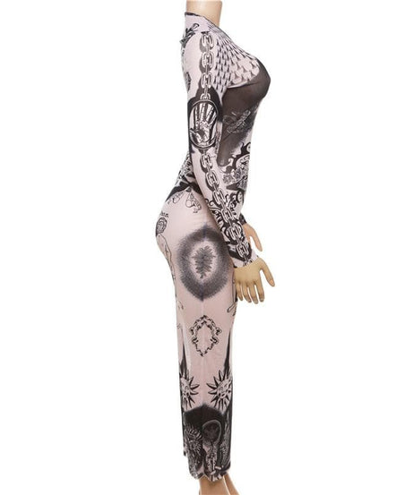 Unleash Your Edge: Mystical Art Print Sheer Mesh Maxi Dress - Fall & Halloween Ready