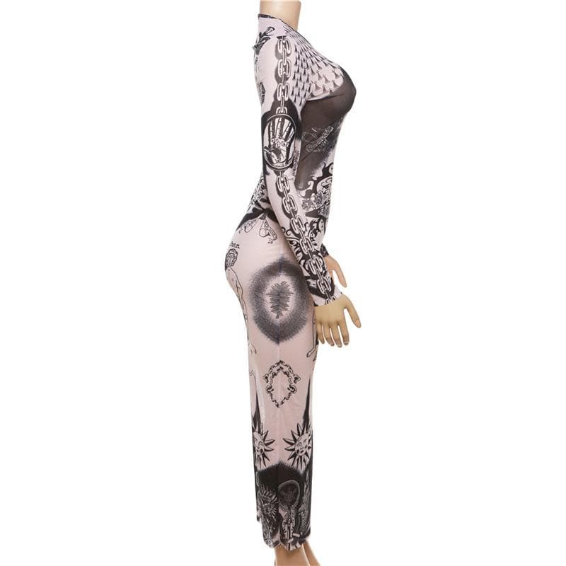 Unleash Your Edge: Mystical Art Print Sheer Mesh Maxi Dress - Fall & Halloween Ready