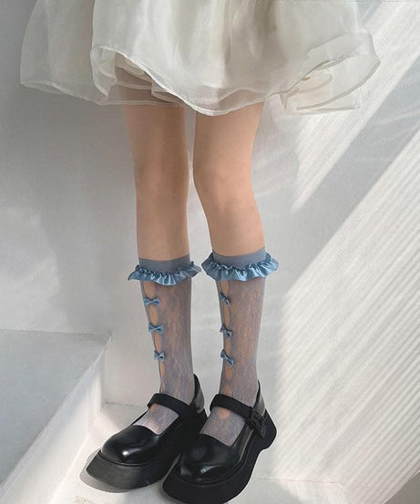Spooky Chic Black Lace Bow Ruffle Knee-High Socks - Elevate Your Fall & Halloween Style!