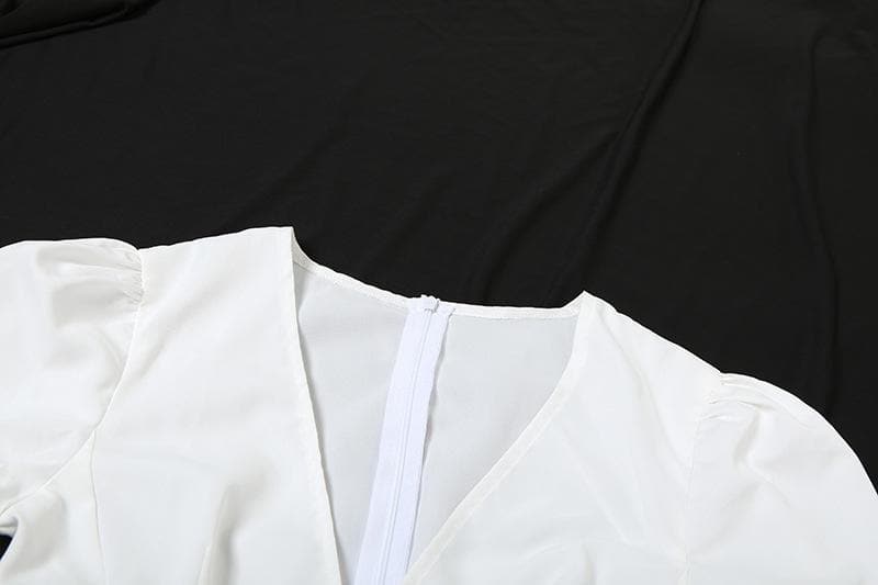 Coquette Fall Vibe: White Puff Sleeve Mini Dress with Sweetheart Tie-Front