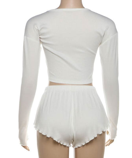 Dreamy Fall Comfort: Women's Long Sleeve Crop Top & Ruffle Shorts Loungewear Set