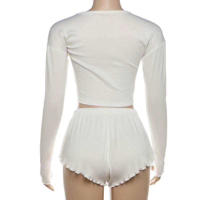 Dreamy Fall Comfort: Women's Long Sleeve Crop Top & Ruffle Shorts Loungewear Set