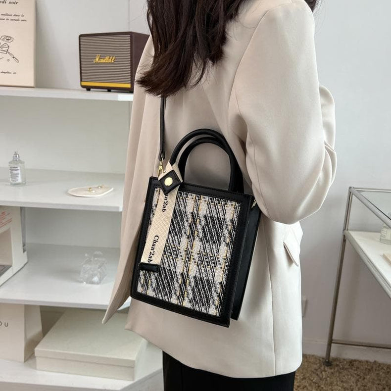 Chic Knitted Houndstooth Crossbody Tote – Fall/Winter Top Handle Bag