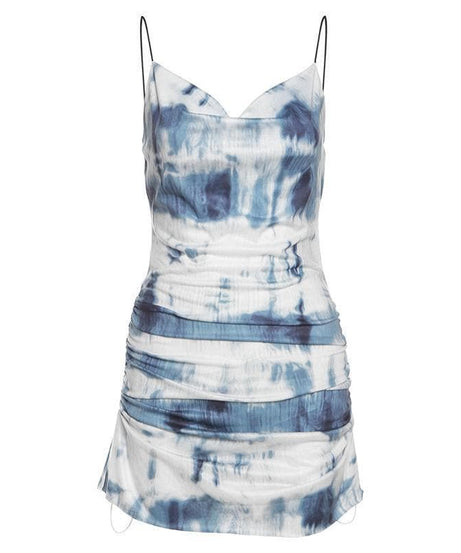 Sultry Indigo Tie-Dye Cowl Neck Bodycon Mini Dress - Perfect for Fall Nights & Parties