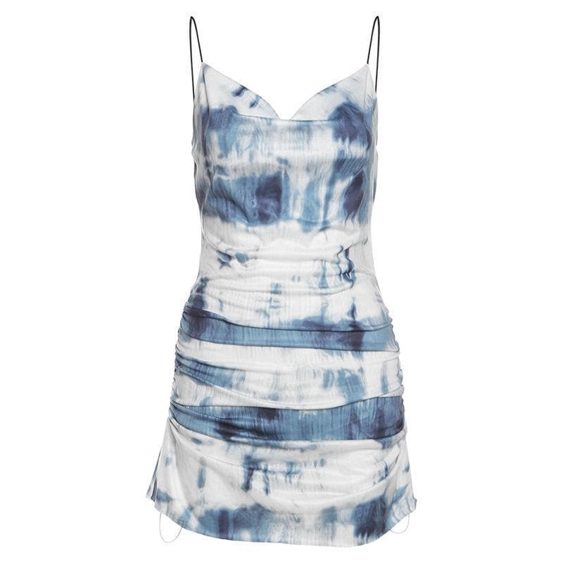 Sultry Indigo Tie-Dye Cowl Neck Bodycon Mini Dress - Perfect for Fall Nights & Parties