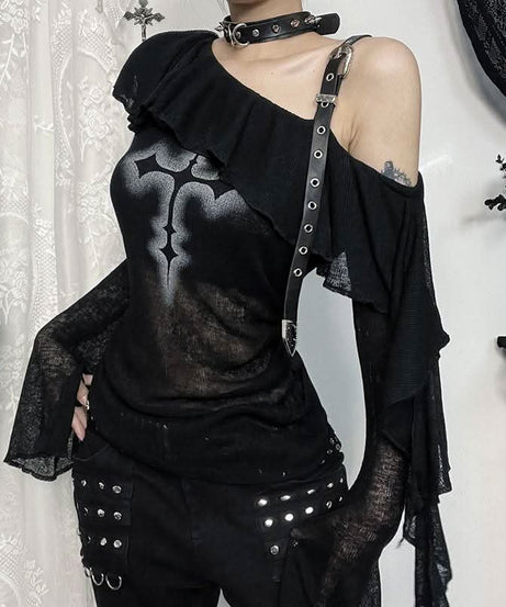 Gothic Glam Cross One-Shoulder Top - Edgy Fall & Halloween Statement