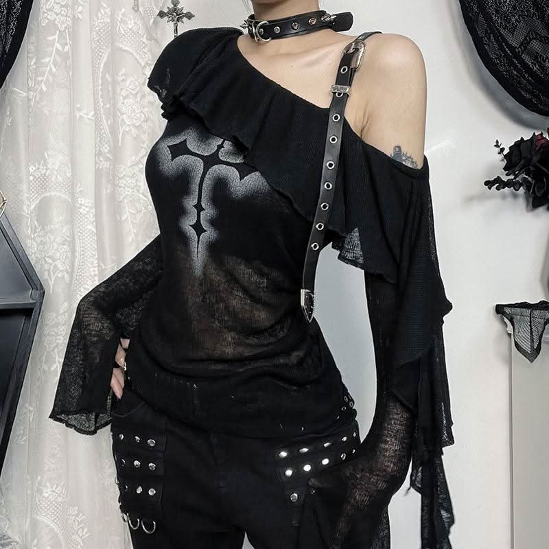 Gothic Glam Cross One-Shoulder Top - Edgy Fall & Halloween Statement