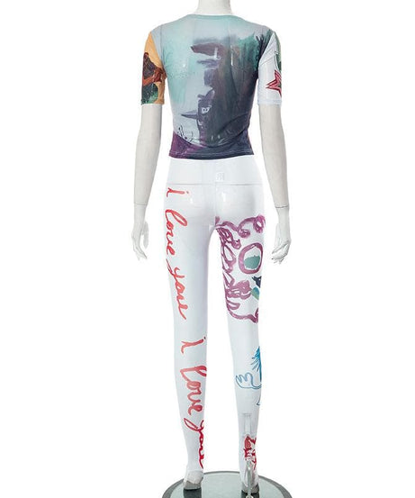 Love Blooms Fall Set: Women's Floral Sheer Top & 'I Love You' Graphic Stirrup Leggings