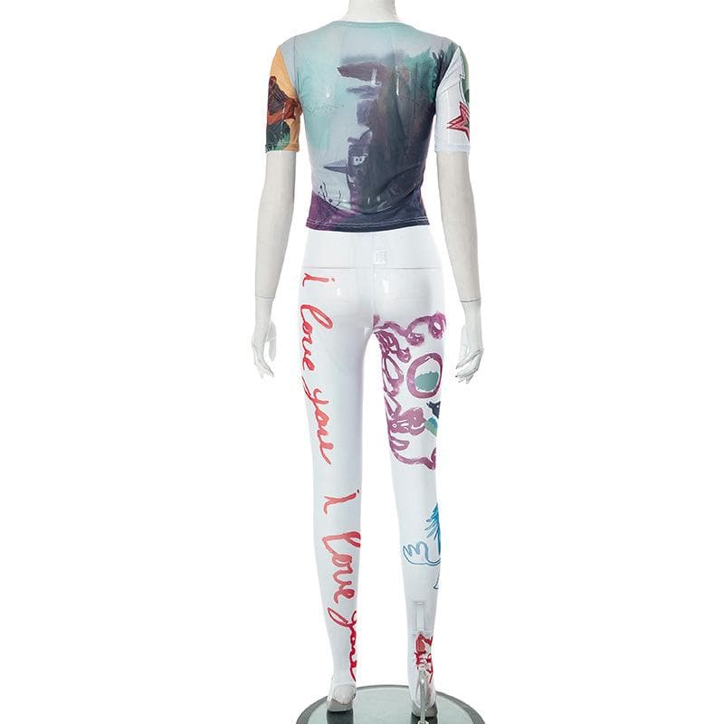 Love Blooms Fall Set: Women's Floral Sheer Top & 'I Love You' Graphic Stirrup Leggings