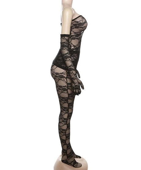 Alluring Black Lace Strapless Bodysuit & Long Gloves Set | Perfect for Halloween & Romantic Fall Nights
