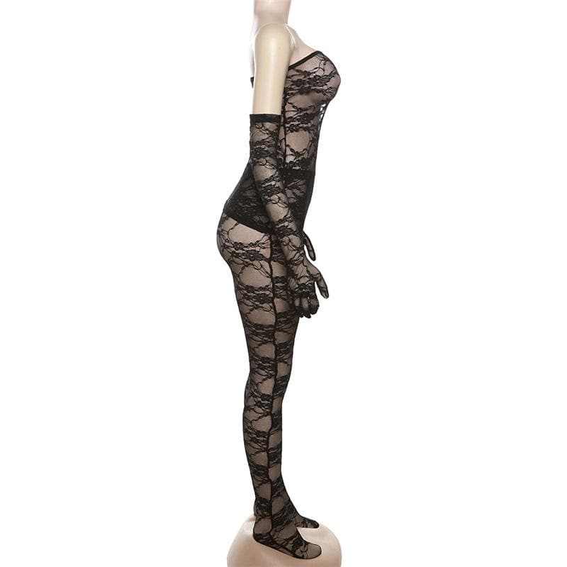 Alluring Black Lace Strapless Bodysuit & Long Gloves Set | Perfect for Halloween & Romantic Fall Nights