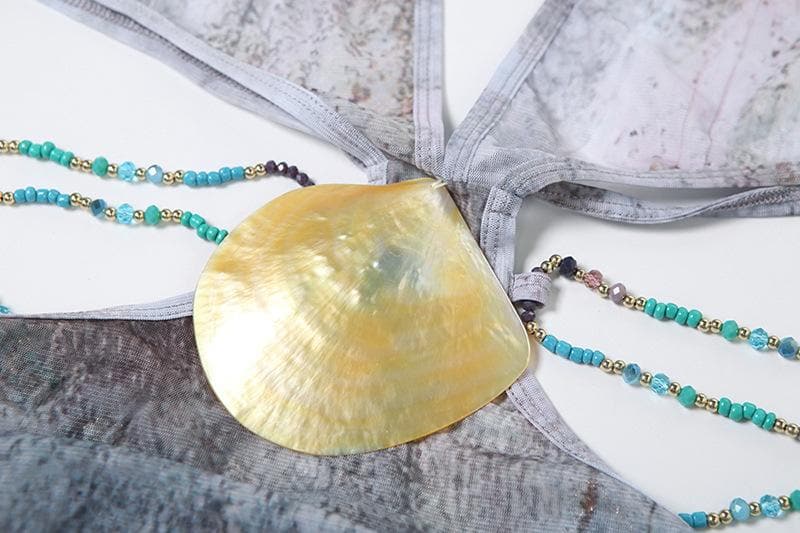 Mystic Shores Halter Maxi Dress - Shell Embellishment & Ombre Fall Print