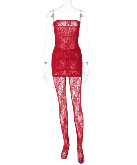 Seductive Black Lace Tube Mini Dress & Sheer Tights Set - Halloween, Party & Date Night Ready