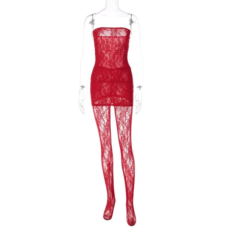 Seductive Black Lace Tube Mini Dress & Sheer Tights Set - Halloween, Party & Date Night Ready