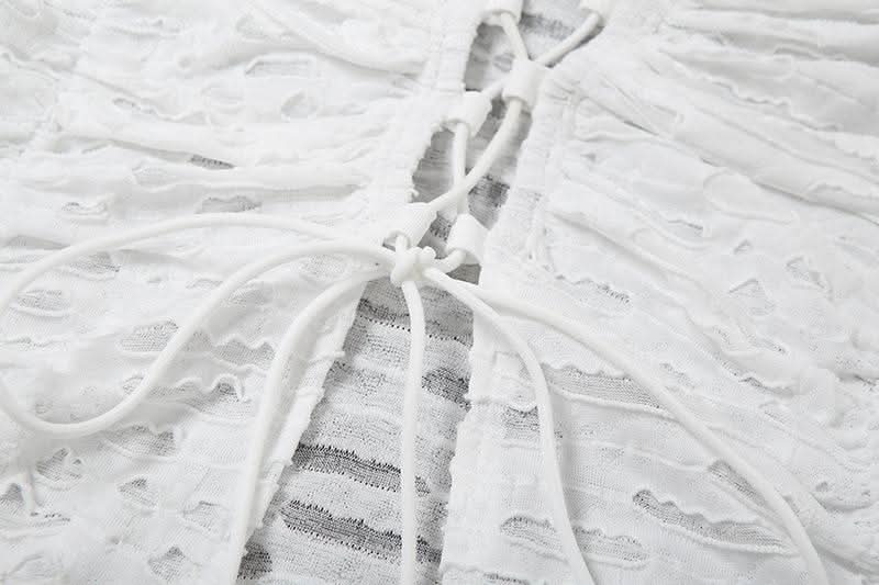 Y2K Chic White Textured Lace-Up Crop Top | Ruched Long Sleeve Fall Fashion Statement