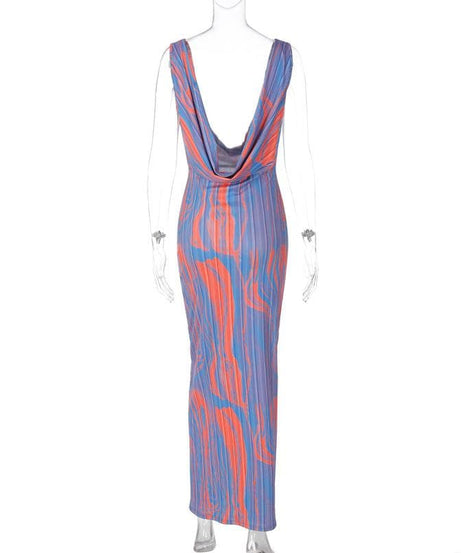 Vibrant Abstract Print Cowl Neck Maxi Dress - Backless Glam for Fall Events & Vacation Getaways