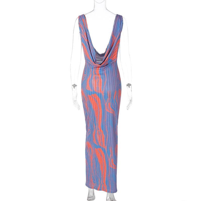 Vibrant Abstract Print Cowl Neck Maxi Dress - Backless Glam for Fall Events & Vacation Getaways