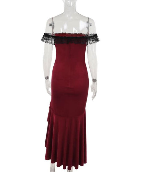 Sultry Red Velvet Off-Shoulder Lace Maxi Gown | High Slit Evening & Holiday Party Dress