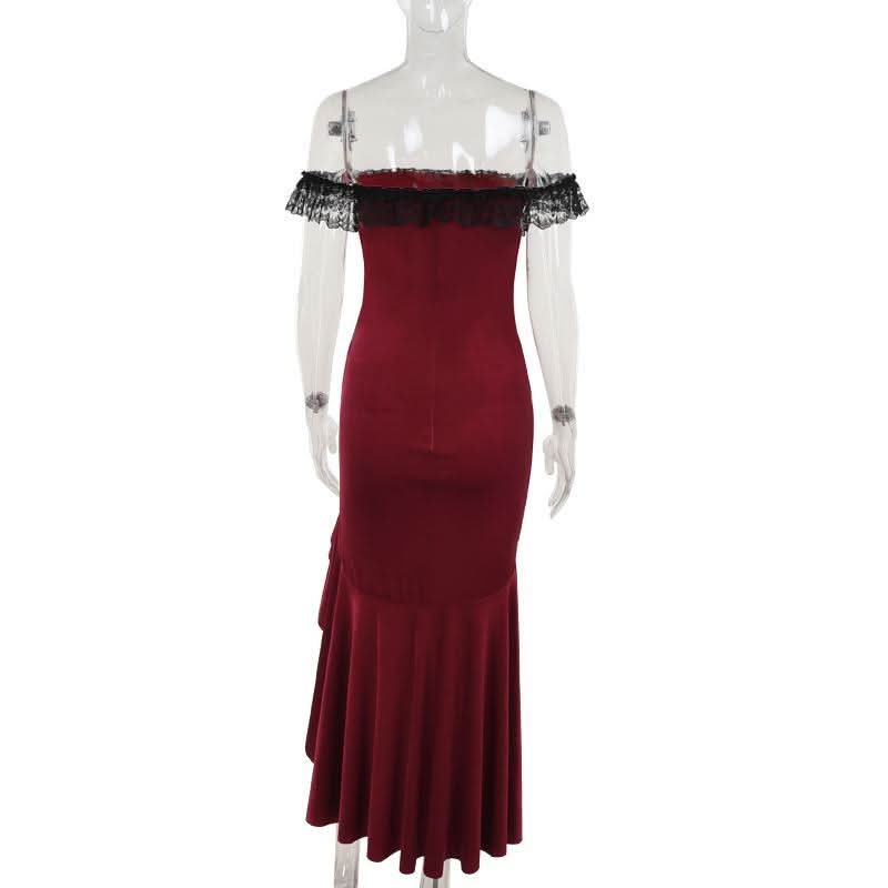 Sultry Red Velvet Off-Shoulder Lace Maxi Gown | High Slit Evening & Holiday Party Dress
