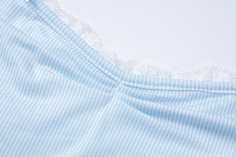 Sky Blue Ribbed Halter Top | Sweet Lace Trim & Adjustable Tie-Neck for Women