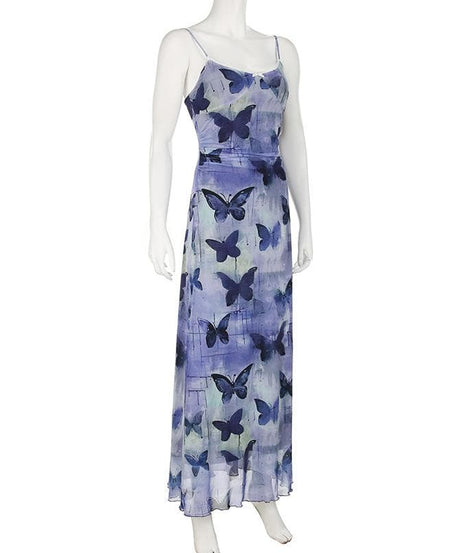 Dreamy Periwinkle Butterfly Mesh Maxi Dress with Lace Trim - Effortless Fall Style