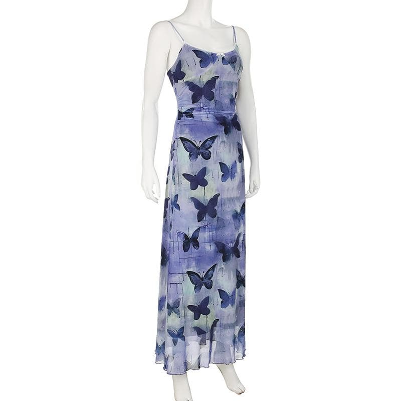 Dreamy Periwinkle Butterfly Mesh Maxi Dress with Lace Trim - Effortless Fall Style