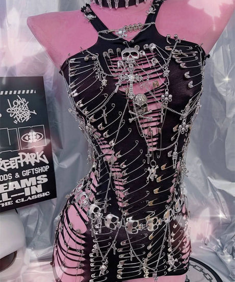 Rebel Spirit Goth Punk Safety Pin Skull Chain Mini Dress - Edgy Halloween & Spooky Season Clubwear