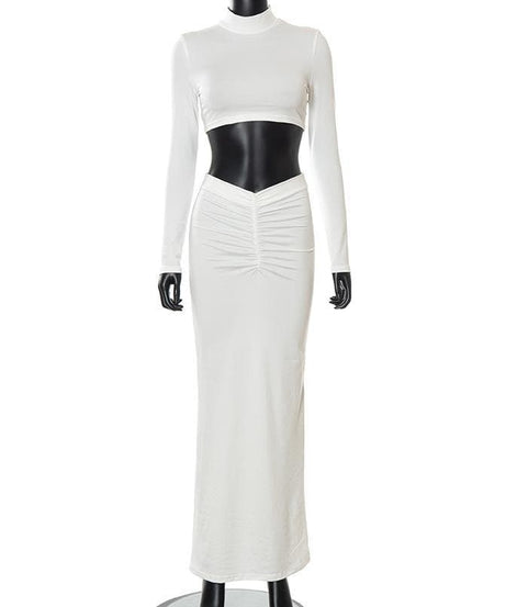 Sleek White Mock Neck Crop Top & Ruched Maxi Skirt Set - Chic Fall & Holiday Essential