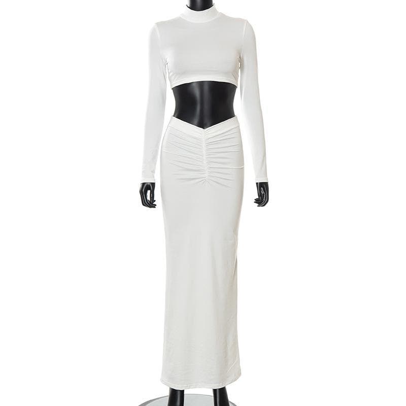Sleek White Mock Neck Crop Top & Ruched Maxi Skirt Set - Chic Fall & Holiday Essential