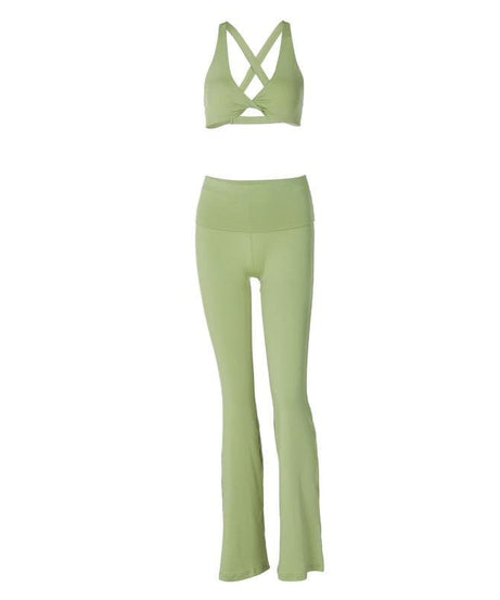 Effortless Fall Comfort: Sage Green Flared Legging & Twisted Crop Top Set - Your Athleisure Essential