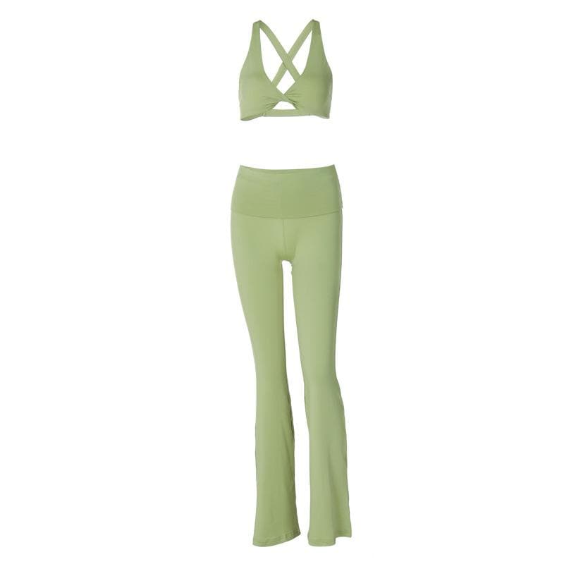 Effortless Fall Comfort: Sage Green Flared Legging & Twisted Crop Top Set - Your Athleisure Essential
