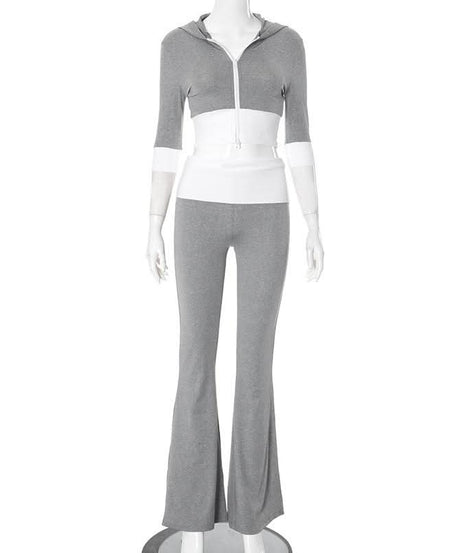 Cozy Fall Flair: Women's Cropped Zip Hoodie & Flare Legging Set - Athleisure Loungewear