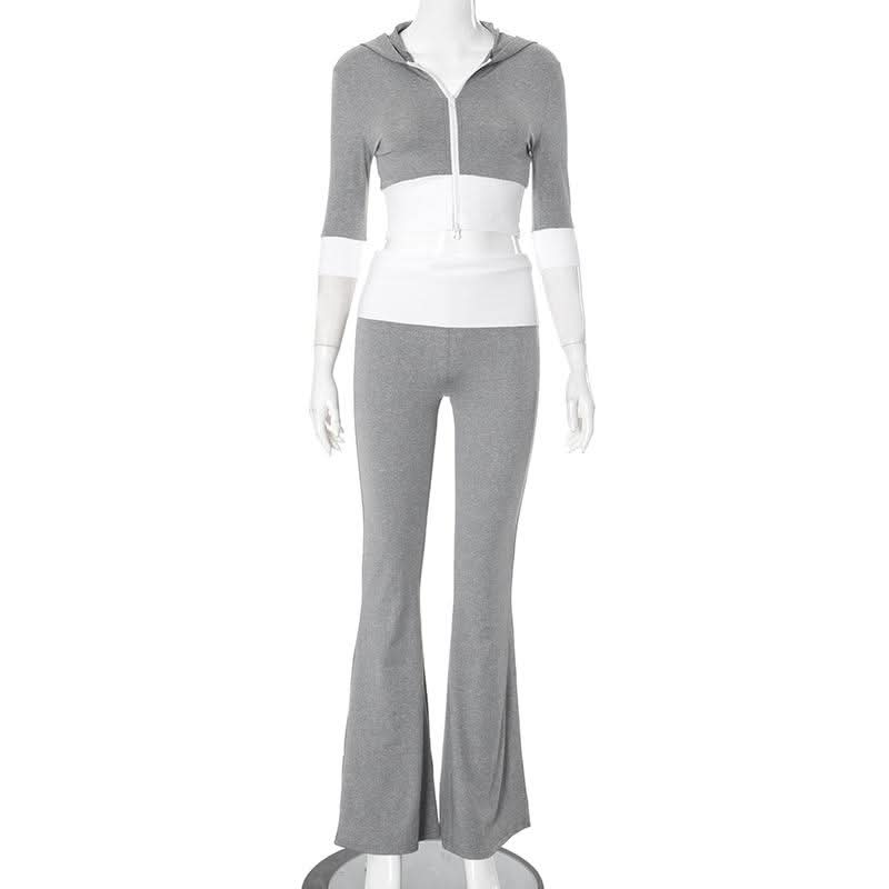 Cozy Fall Flair: Women's Cropped Zip Hoodie & Flare Legging Set - Athleisure Loungewear
