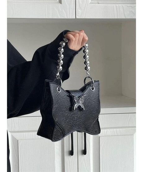 Radiant Silver Butterfly Charm Crossbody – Beaded Y2K Metallic Statement Bag