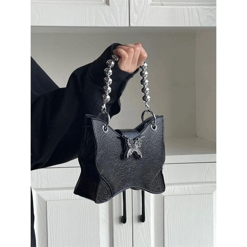 Radiant Silver Butterfly Charm Crossbody – Beaded Y2K Metallic Statement Bag