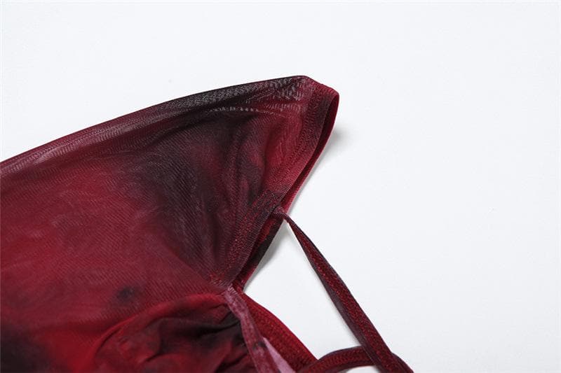 Autumn Edge: Ruched Tie-Dye Mesh Bodysuit with Cutout Ties – Your Go-To for Fall Parties & Halloween