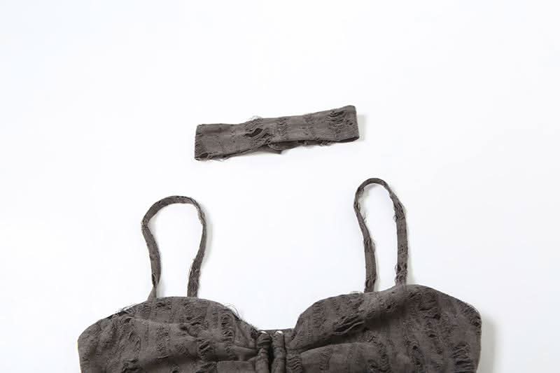 Edgy Distressed Cowl Neck Long Sleeve Top & Choker Set - Grunge & Y2K Fall Fashion for Women