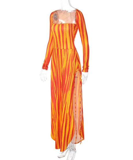 Vibrant Sunset Stripe Long Sleeve Maxi Dress - Fall Statement Style