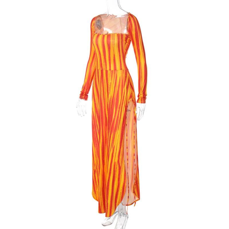Vibrant Sunset Stripe Long Sleeve Maxi Dress - Fall Statement Style