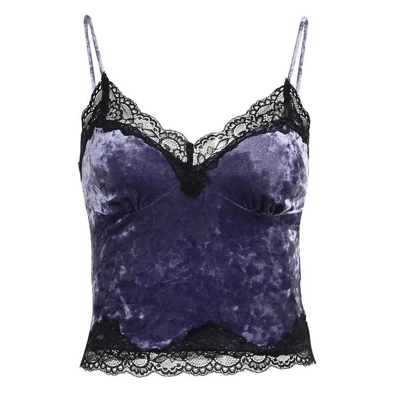 Regal Plum Velvet & Lace Gothic Cami Top | Spooky Season Glamour & Fall Style