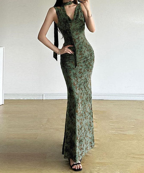 Autumn Bloom Cowl Neck Halter Maxi Dress - Elegant Floral Gown for Fall Soirées