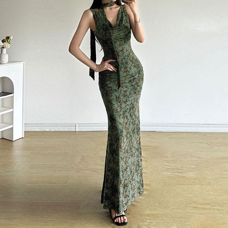Autumn Bloom Cowl Neck Halter Maxi Dress - Elegant Floral Gown for Fall Soirées
