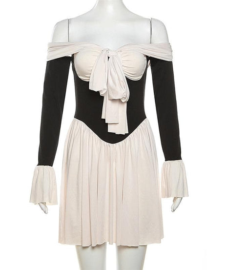 The 'Glamour Bow' Off-Shoulder Mini Dress | Chic Contrast Fall & Holiday Party Essential