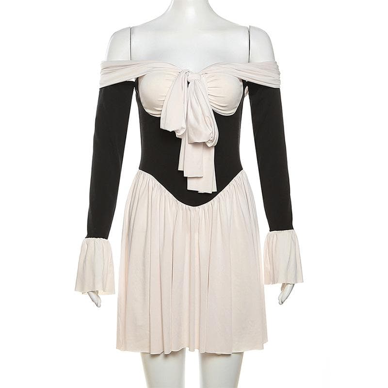 The 'Glamour Bow' Off-Shoulder Mini Dress | Chic Contrast Fall & Holiday Party Essential