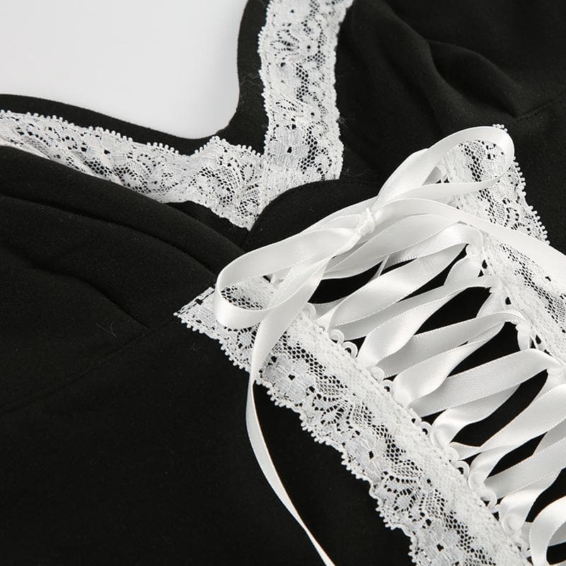 Dark Romance Sweetheart Corset Cami Top - Black & White Lace-Up Elegance