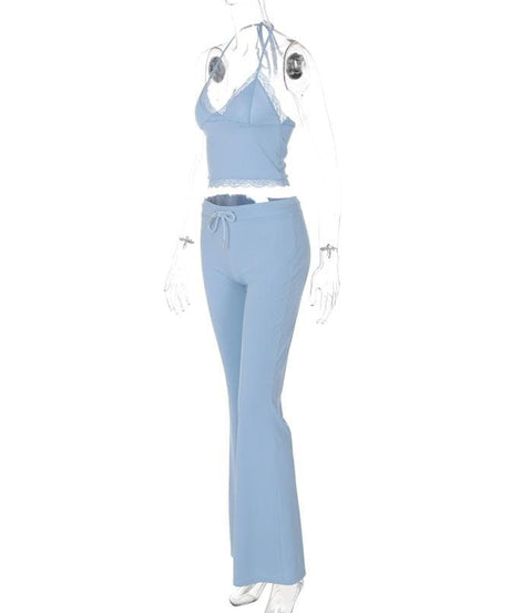 Y2K Dreamy Baby Blue Lace Halter Crop & Flare Pant Set | Cozy Chic Loungewear