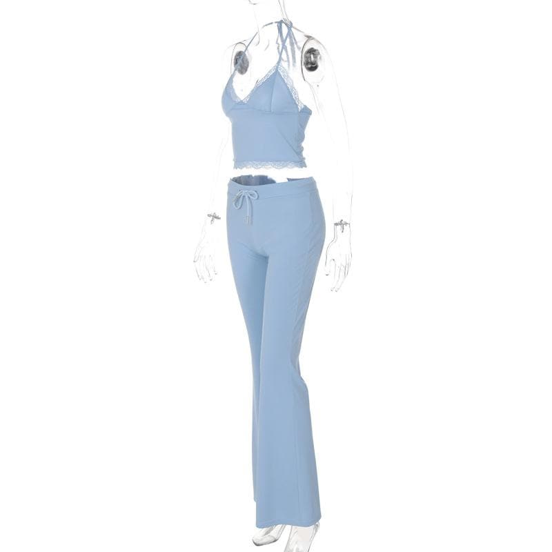 Y2K Dreamy Baby Blue Lace Halter Crop & Flare Pant Set | Cozy Chic Loungewear
