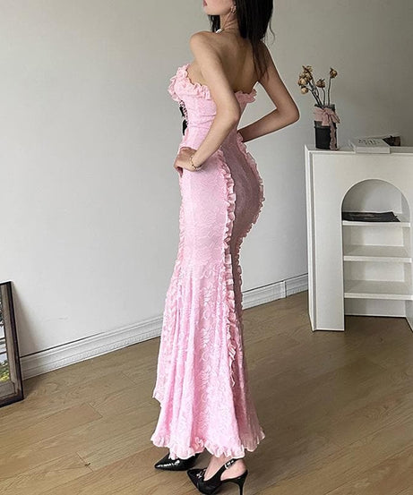 Romantic Blush Pink Lace Mermaid Maxi Dress with Chic Velvet Bow - Your Statement Piece for Fall & Holiday Events