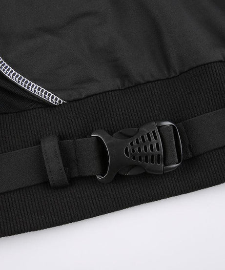 Edgy Chic Fall Mesh Crop Top - Quarter-Zip, Cold Shoulder & Tactical Buckle Detail